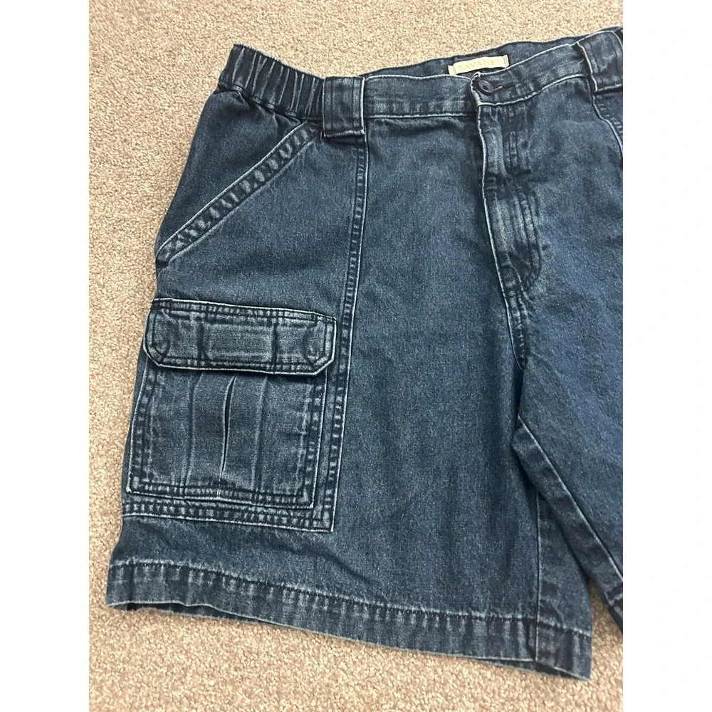 VTG Savane Cargo Shorts Mens 38 Dark Blue Denim Excellent Elastic Waist Utility